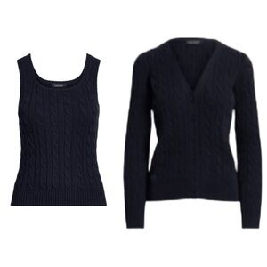 Navy 100% Cotton Cable-Knit Sleeveless Top + Cardigan Set